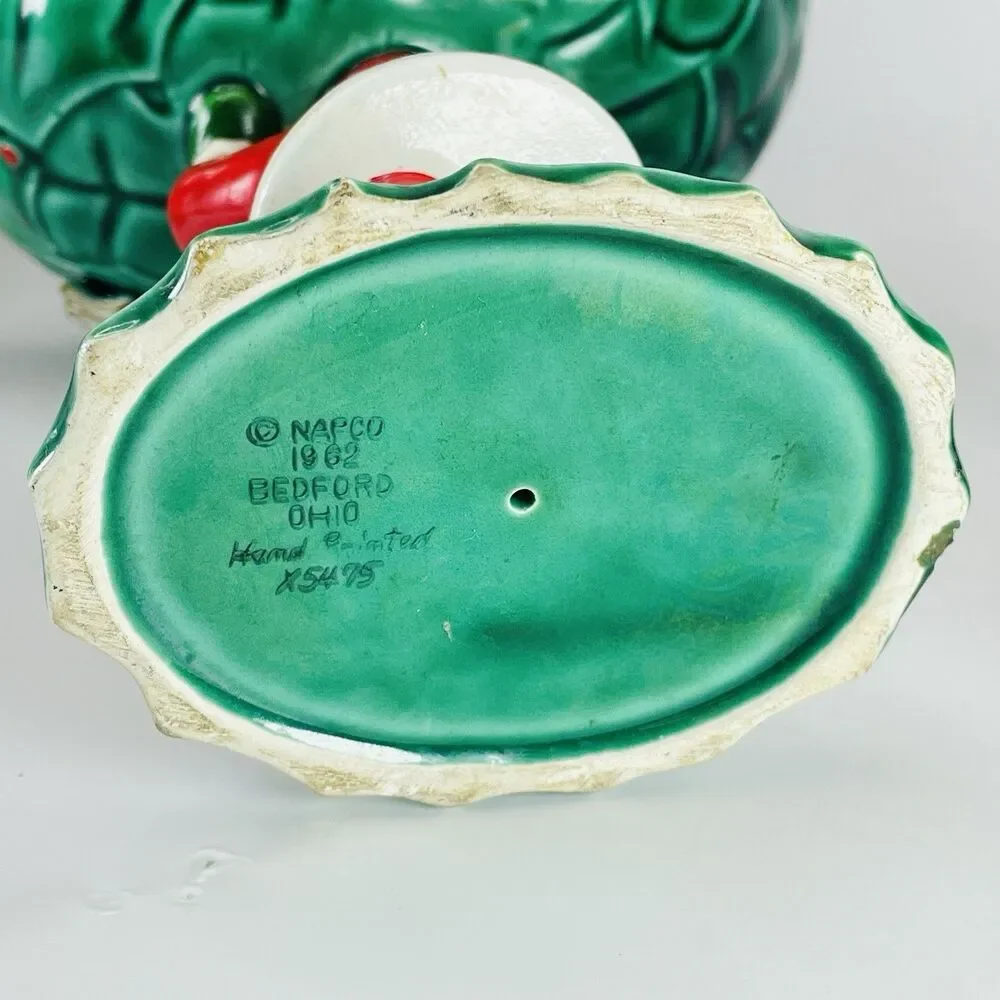 VTG NAPCO Ware Santa Christmas Set 1962 Candy Dish Candle Holder Holly Ceramic